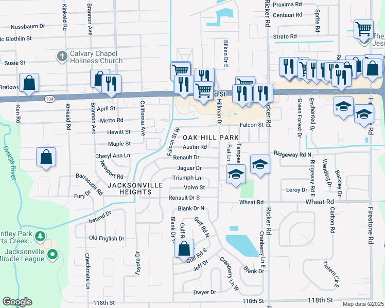 map of restaurants, bars, coffee shops, grocery stores, and more near 7931 Austin Road in Jacksonville
