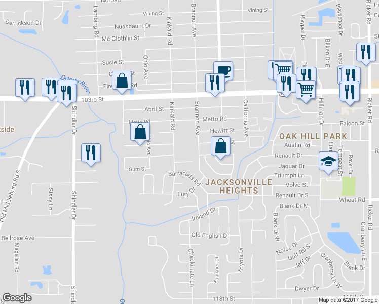 map of restaurants, bars, coffee shops, grocery stores, and more near 5717 Kinkaid Road in Jacksonville