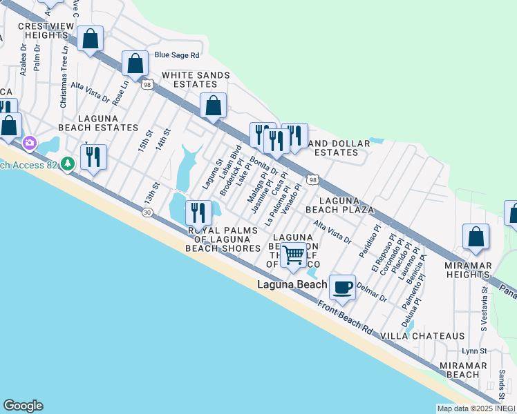map of restaurants, bars, coffee shops, grocery stores, and more near 225 Jasmine Place in Panama City Beach