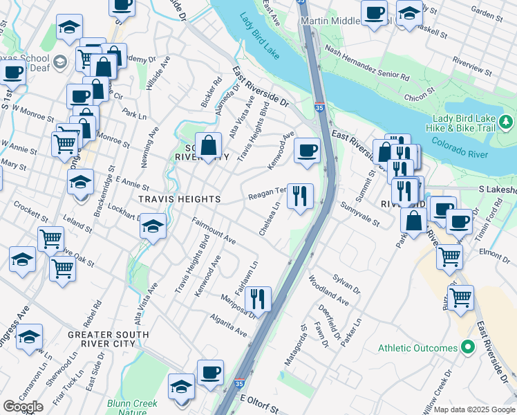 map of restaurants, bars, coffee shops, grocery stores, and more near 1104 Reagan Terrace in Austin