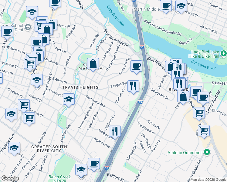 map of restaurants, bars, coffee shops, grocery stores, and more near 1104 Reagan Terrace in Austin