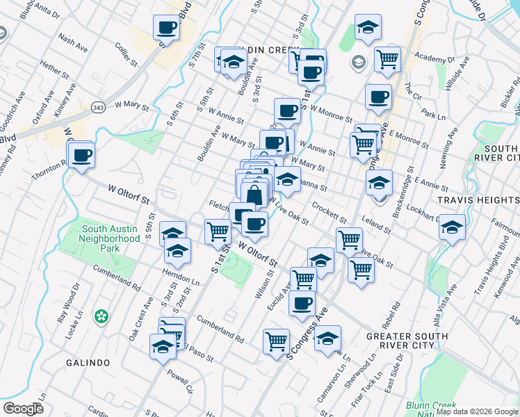 map of restaurants, bars, coffee shops, grocery stores, and more near 603 West Live Oak Street in Austin