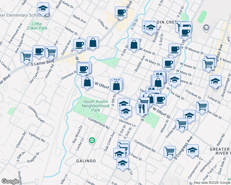 map of restaurants, bars, coffee shops, grocery stores, and more near 2301 South 5th Street in Austin