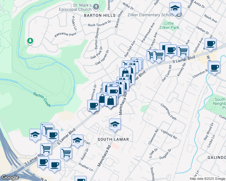map of restaurants, bars, coffee shops, grocery stores, and more near 2322 Westforest Drive in Austin