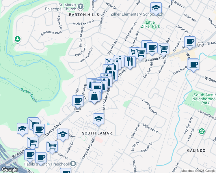 map of restaurants, bars, coffee shops, grocery stores, and more near 2801 South Lamar Boulevard in Austin