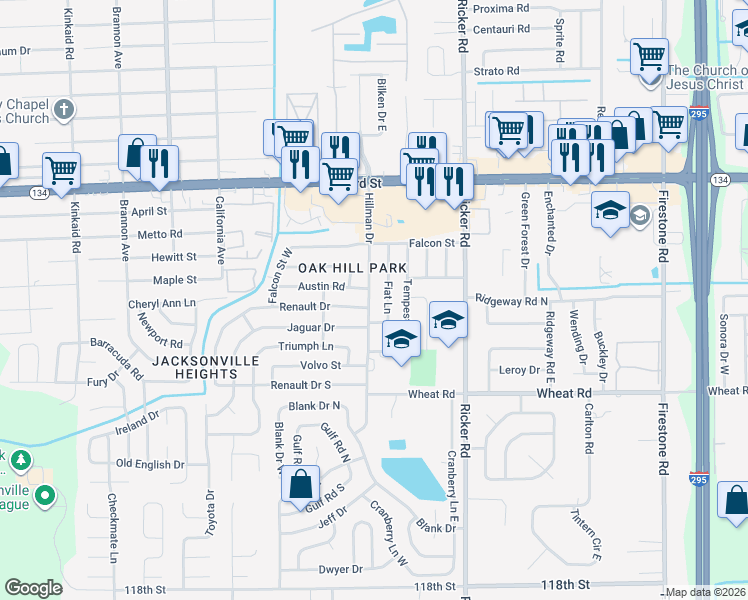 map of restaurants, bars, coffee shops, grocery stores, and more near 5665 Hillman Drive in Jacksonville