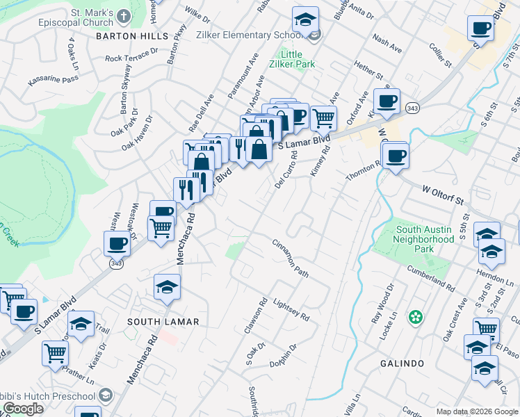 map of restaurants, bars, coffee shops, grocery stores, and more near 2606 Del Curto Road in Austin