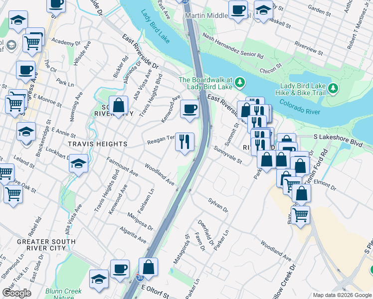map of restaurants, bars, coffee shops, grocery stores, and more near 1305 Reagan Terrace in Austin