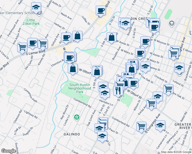 map of restaurants, bars, coffee shops, grocery stores, and more near 2301 South 5th Street in Austin