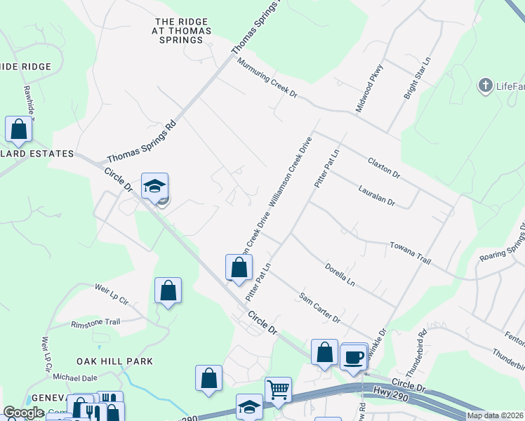 map of restaurants, bars, coffee shops, grocery stores, and more near 7808 Williamson Creek Drive in Austin