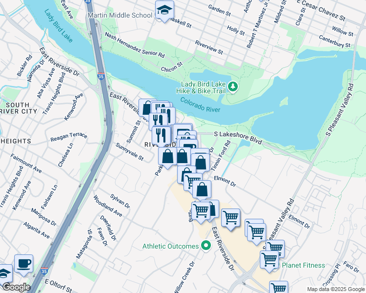 map of restaurants, bars, coffee shops, grocery stores, and more near 1414 Shore District Drive in Austin