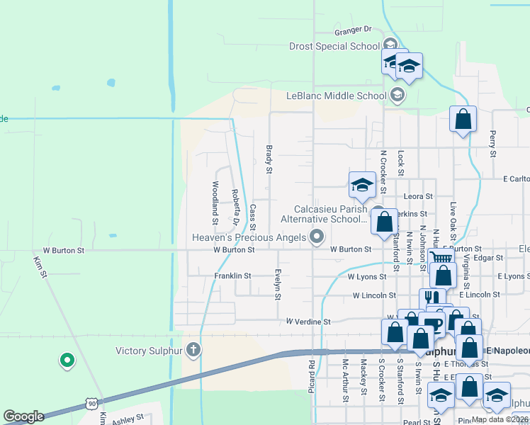 map of restaurants, bars, coffee shops, grocery stores, and more near 592 Cass Street in Sulphur