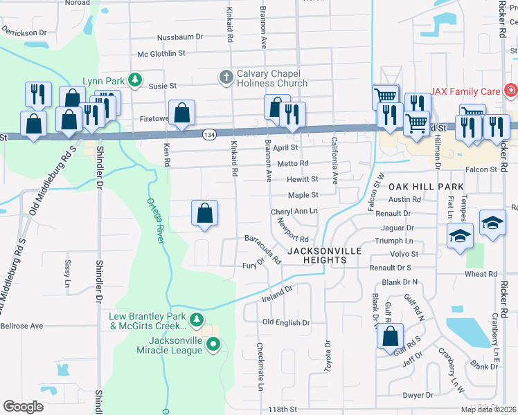 map of restaurants, bars, coffee shops, grocery stores, and more near 8260 Maple Street in Jacksonville