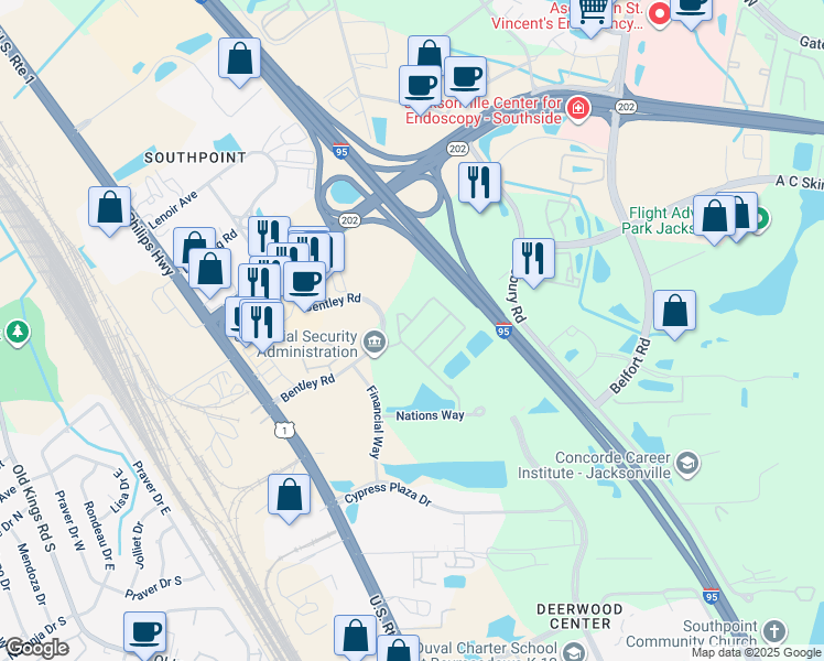 map of restaurants, bars, coffee shops, grocery stores, and more near 7028 Deer Lodge Circle in Jacksonville
