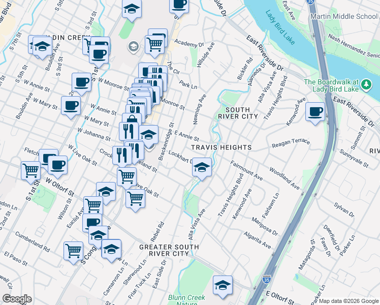 map of restaurants, bars, coffee shops, grocery stores, and more near 507 East Mary Street in Austin