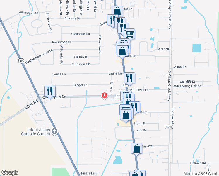 map of restaurants, bars, coffee shops, grocery stores, and more near 7680 Ginger Lane in Lumberton