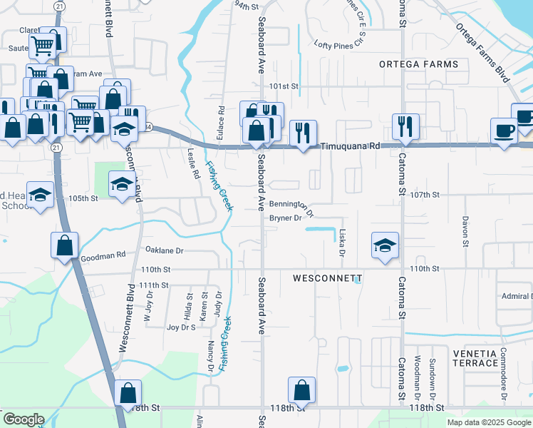 map of restaurants, bars, coffee shops, grocery stores, and more near 5681 Bryner Drive in Jacksonville