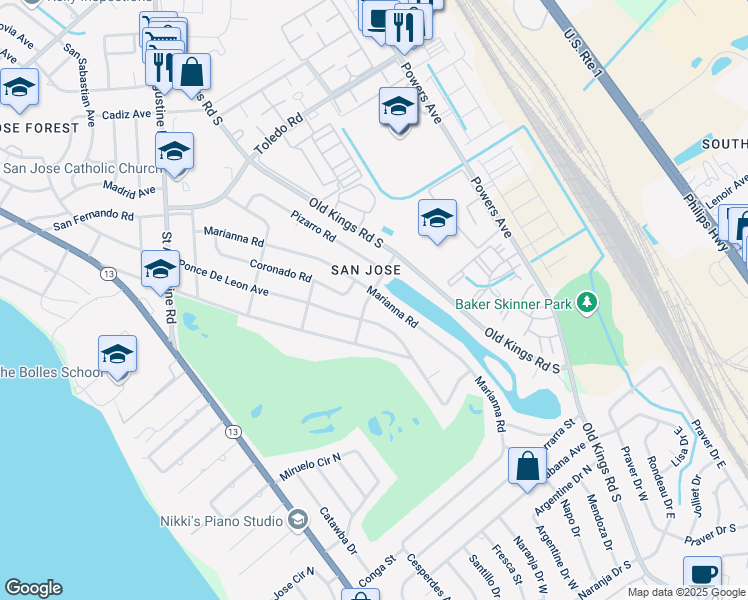 map of restaurants, bars, coffee shops, grocery stores, and more near in Jacksonville