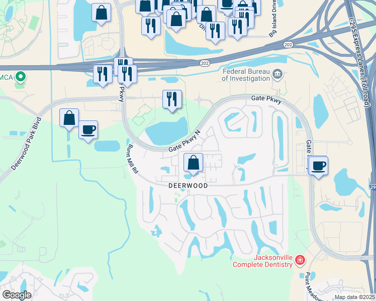 map of restaurants, bars, coffee shops, grocery stores, and more near 5140 Gate Parkway North in Jacksonville