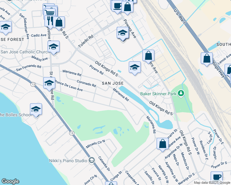map of restaurants, bars, coffee shops, grocery stores, and more near in Jacksonville