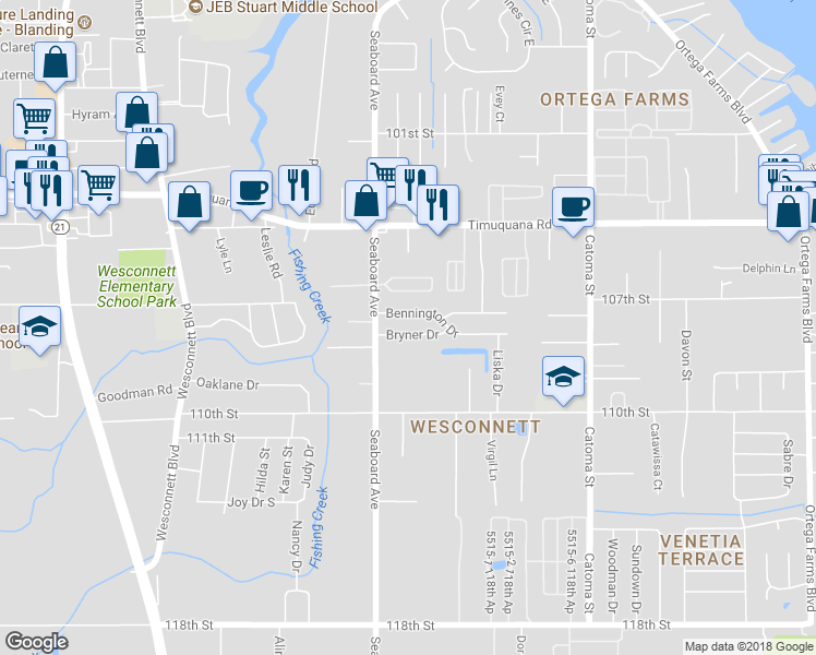 map of restaurants, bars, coffee shops, grocery stores, and more near 5635 Bennington Drive in Jacksonville