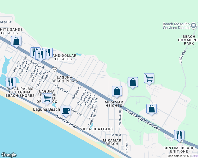 map of restaurants, bars, coffee shops, grocery stores, and more near Fire Lane in Panama City Beach
