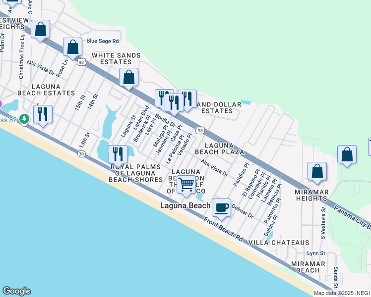 map of restaurants, bars, coffee shops, grocery stores, and more near 308 La Paloma Place in Panama City Beach