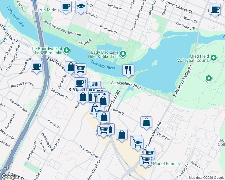 map of restaurants, bars, coffee shops, grocery stores, and more near in Austin