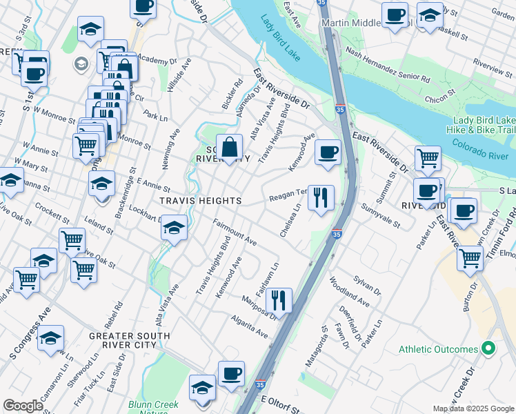 map of restaurants, bars, coffee shops, grocery stores, and more near in Austin