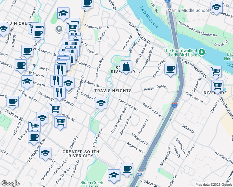 map of restaurants, bars, coffee shops, grocery stores, and more near in Austin