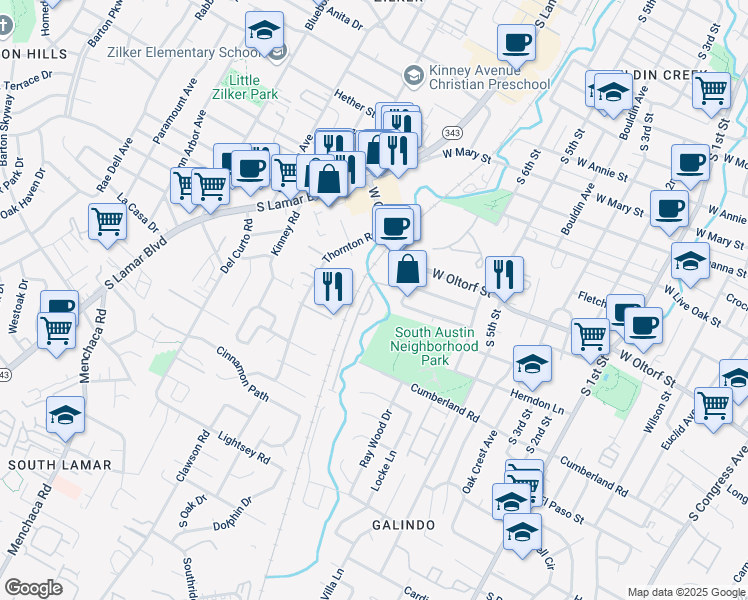 map of restaurants, bars, coffee shops, grocery stores, and more near 2201 Thornton Rd in Austin