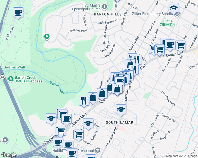 map of restaurants, bars, coffee shops, grocery stores, and more near 3303 Westhill Drive in Austin