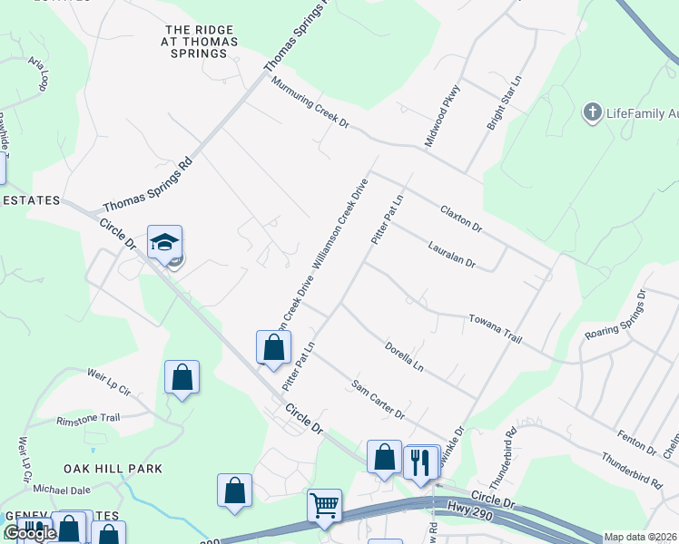 map of restaurants, bars, coffee shops, grocery stores, and more near 7804 Pitter Pat Lane in Austin