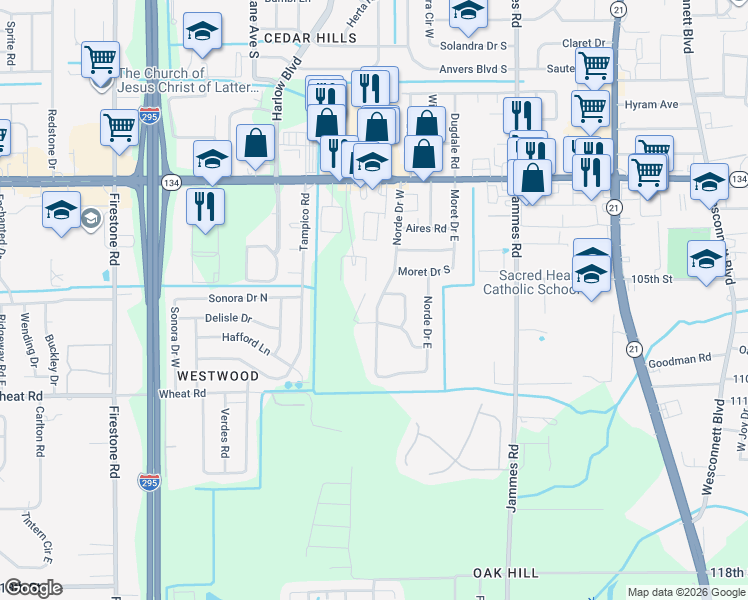 map of restaurants, bars, coffee shops, grocery stores, and more near 5714 Norde Drive West in Jacksonville