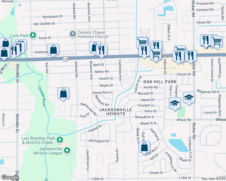 map of restaurants, bars, coffee shops, grocery stores, and more near 8140 Maple Street in Jacksonville