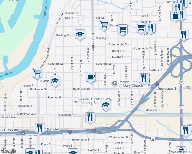 map of restaurants, bars, coffee shops, grocery stores, and more near 1804 Gieffers St in Lake Charles