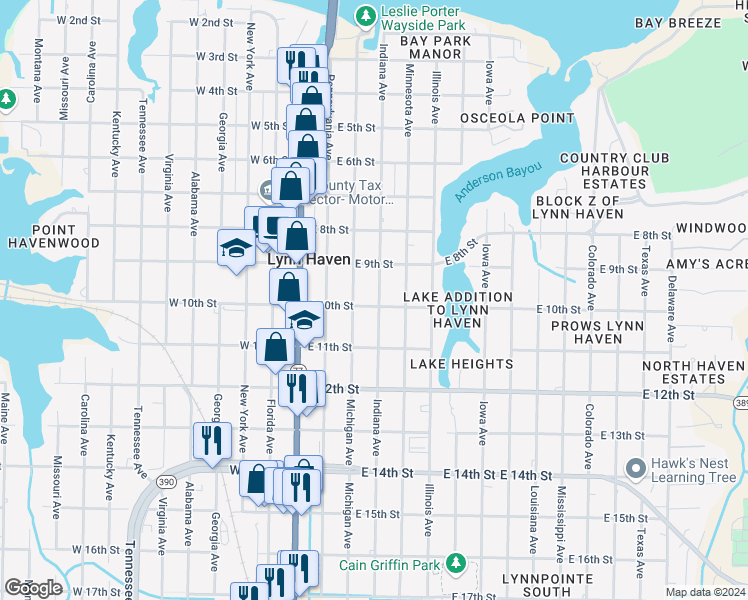 map of restaurants, bars, coffee shops, grocery stores, and more near 920 Indiana Avenue in Lynn Haven