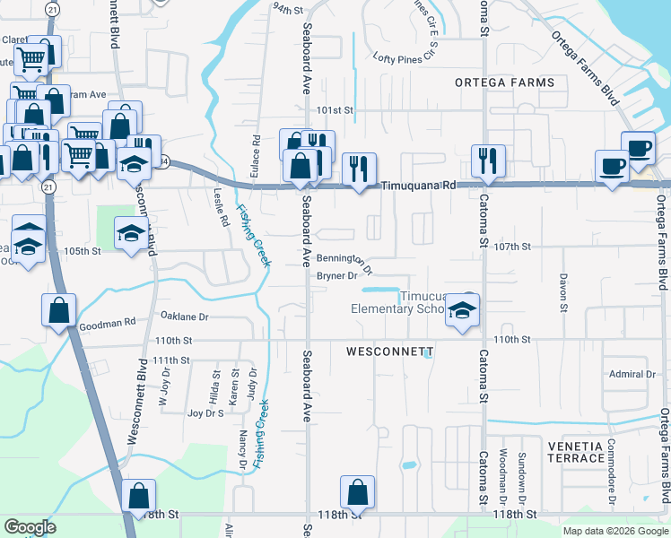 map of restaurants, bars, coffee shops, grocery stores, and more near 5635 Bennington Drive in Jacksonville