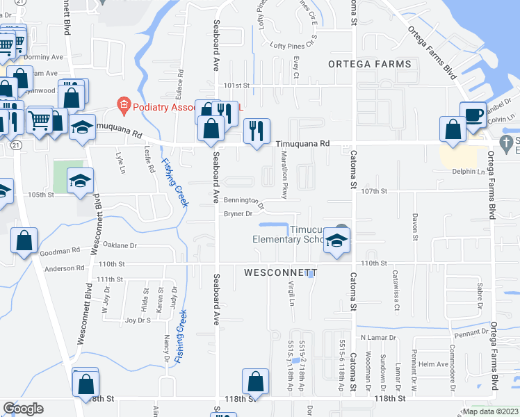 map of restaurants, bars, coffee shops, grocery stores, and more near 5605 Bryner Drive in Jacksonville
