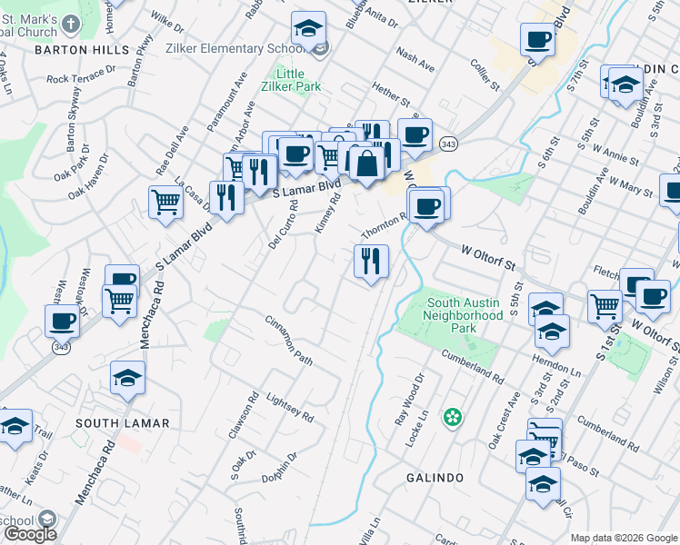 map of restaurants, bars, coffee shops, grocery stores, and more near 2410 Thornton Road in Austin