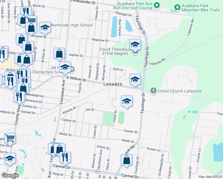 map of restaurants, bars, coffee shops, grocery stores, and more near 1106 East Willow Street in Lafayette