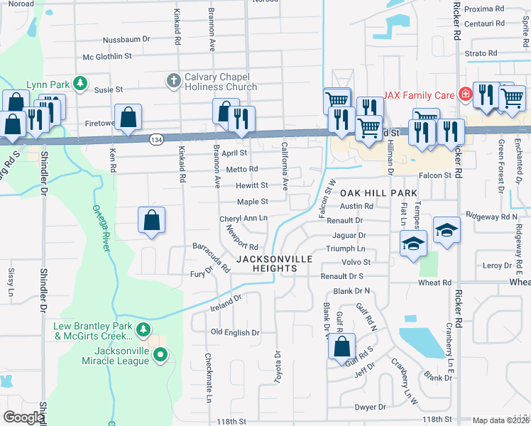 map of restaurants, bars, coffee shops, grocery stores, and more near 8140 Maple Street in Jacksonville