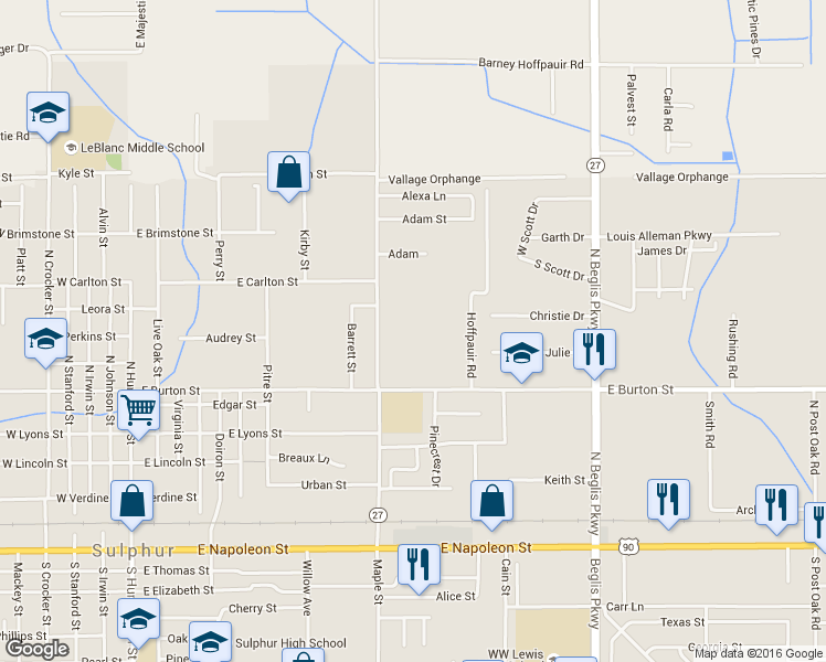 map of restaurants, bars, coffee shops, grocery stores, and more near 616 Lewis St in Sulphur