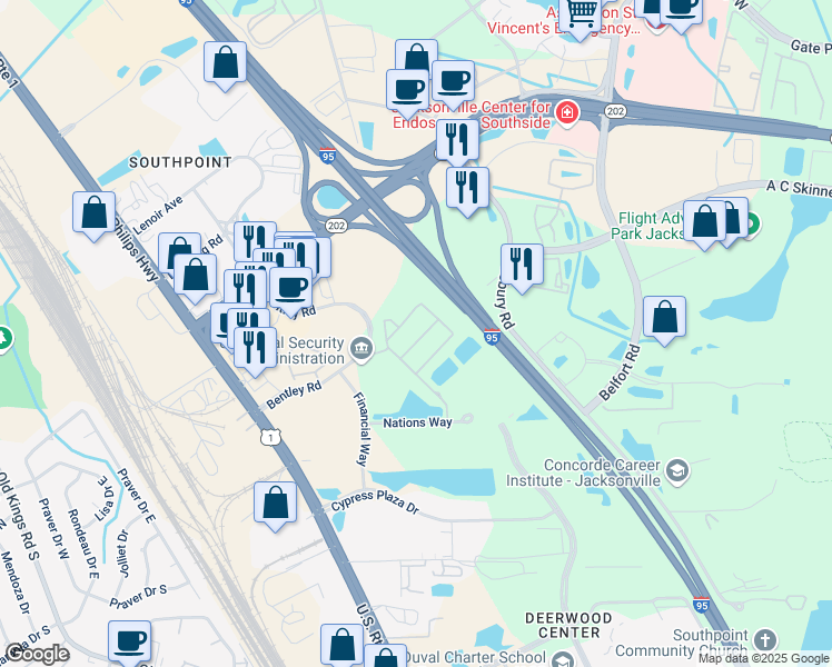map of restaurants, bars, coffee shops, grocery stores, and more near 7058 Snowy Canyon Drive in Jacksonville