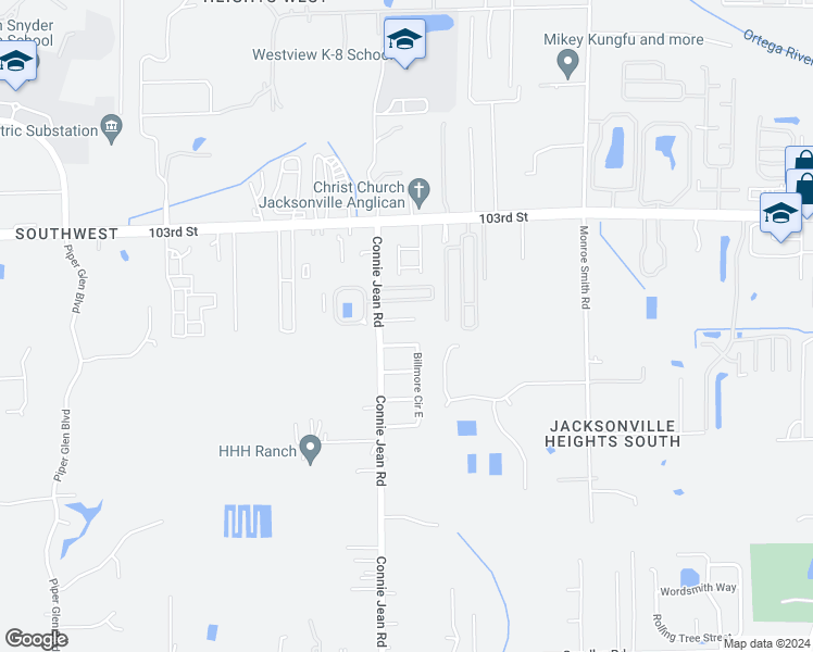 map of restaurants, bars, coffee shops, grocery stores, and more near 9956 Somerset Grove Lane in Jacksonville
