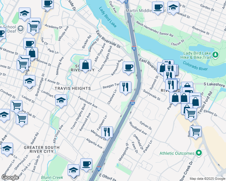 map of restaurants, bars, coffee shops, grocery stores, and more near 1121 Reagan Terrace in Austin