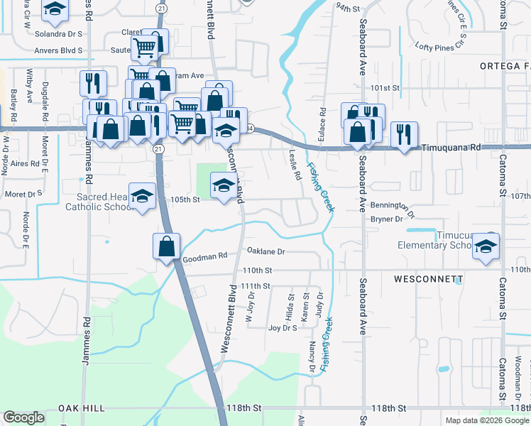 map of restaurants, bars, coffee shops, grocery stores, and more near 5927 Blackthorn Road in Jacksonville
