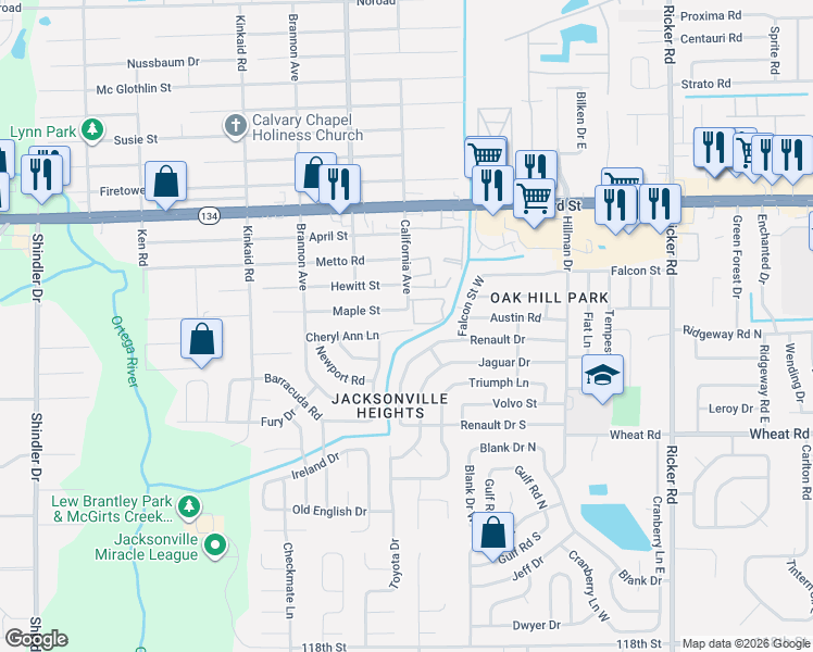 map of restaurants, bars, coffee shops, grocery stores, and more near 5641 California Avenue in Jacksonville