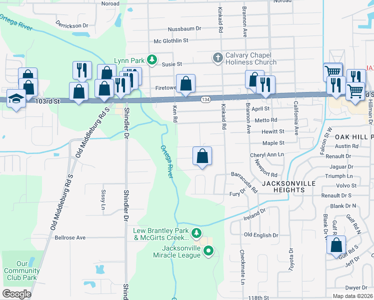 map of restaurants, bars, coffee shops, grocery stores, and more near 8567 Maple Street in Jacksonville