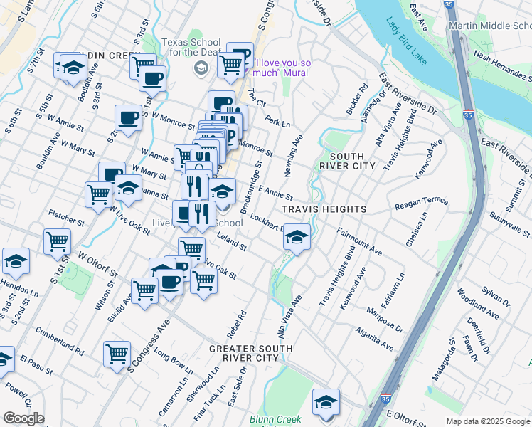 map of restaurants, bars, coffee shops, grocery stores, and more near 1810 Newning Avenue in Austin